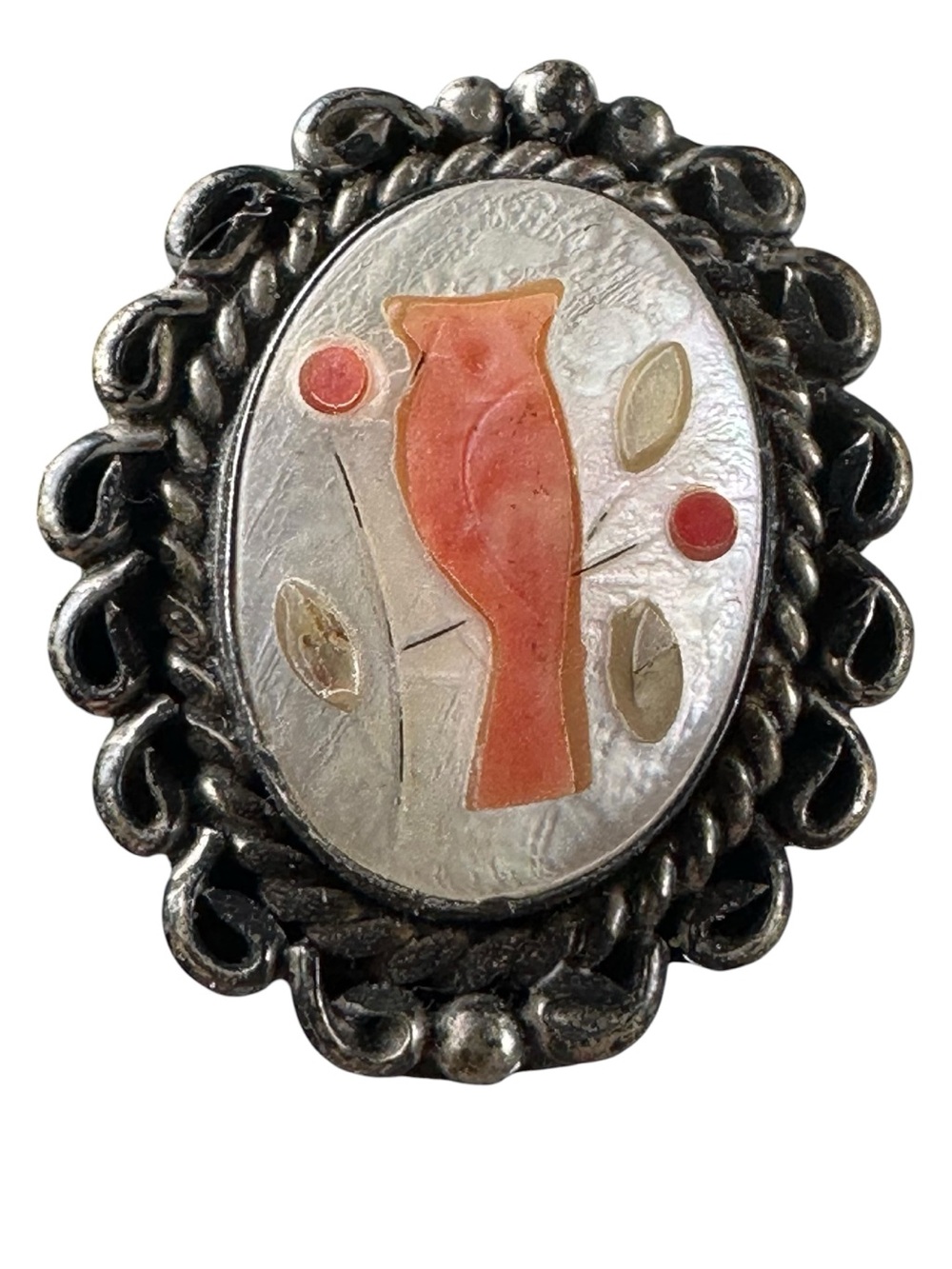 Vtg Navajo Calvin Tom 925 MOP Cardinal Mosiac Inlay Coral Ring Sz 7 Split Shank
